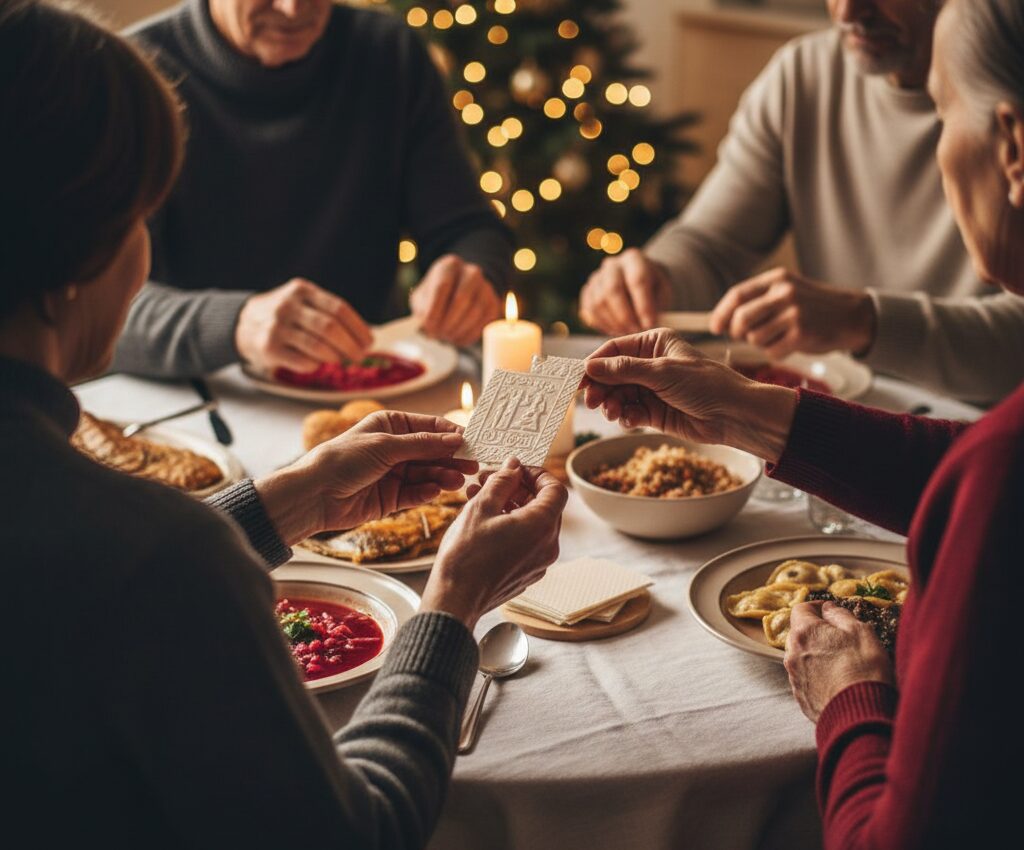 პოლონური ოჯახი აზიარებს ოპლატეკს საშობაო ღამეს, ვიგილიას ტრადიციული რიტუალი