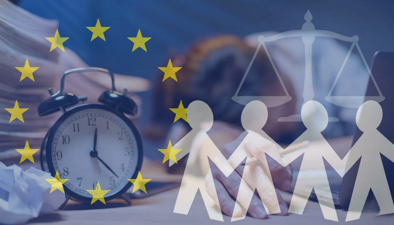 ევროკავშირის სიმბოლოები,სამართლიანობის სასწორი და საათი - სამართლებრივი პროცესების თემატური ილუსტრაცია